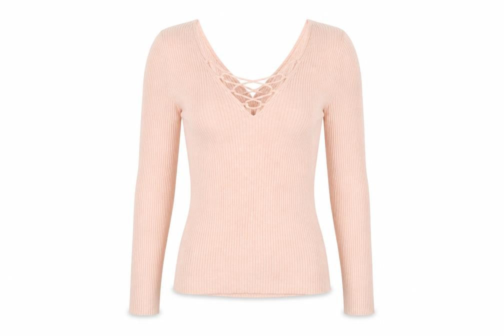 Front view of Miss Selfridge Women's Pink Slim Fit Lace-Up V-Neck Jumper, size 6