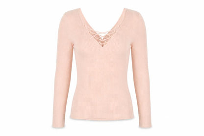 Front view of Miss Selfridge Women's Pink Slim Fit Lace-Up V-Neck Jumper, size 6