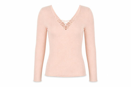 Front view of Miss Selfridge Women's Pink Slim Fit Lace-Up V-Neck Jumper, size 6