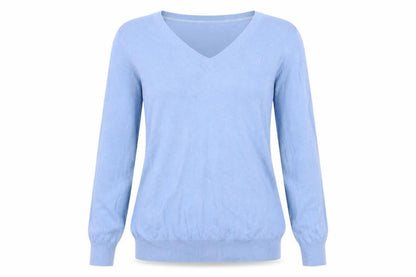 Front view of Crew Clothing Blue V-Neck Cotton Cashmere Jumper, size 8