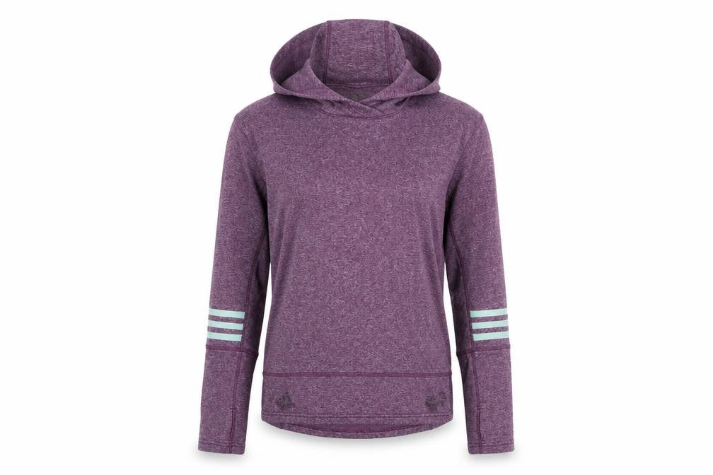 Front view of Adidas women’s purple xs climalite energy running hoodie