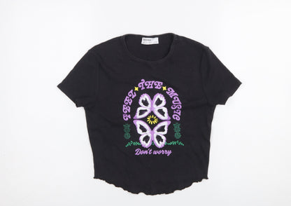 Womens UK Size 14 Bershka Black Cropped T-Shirt