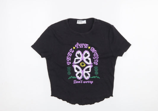 Womens UK Size 14 Bershka Black Cropped T-Shirt