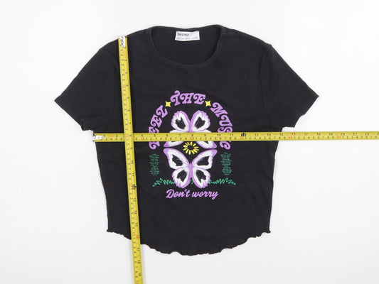 Womens UK Size 14 Bershka Black Cropped T-Shirt