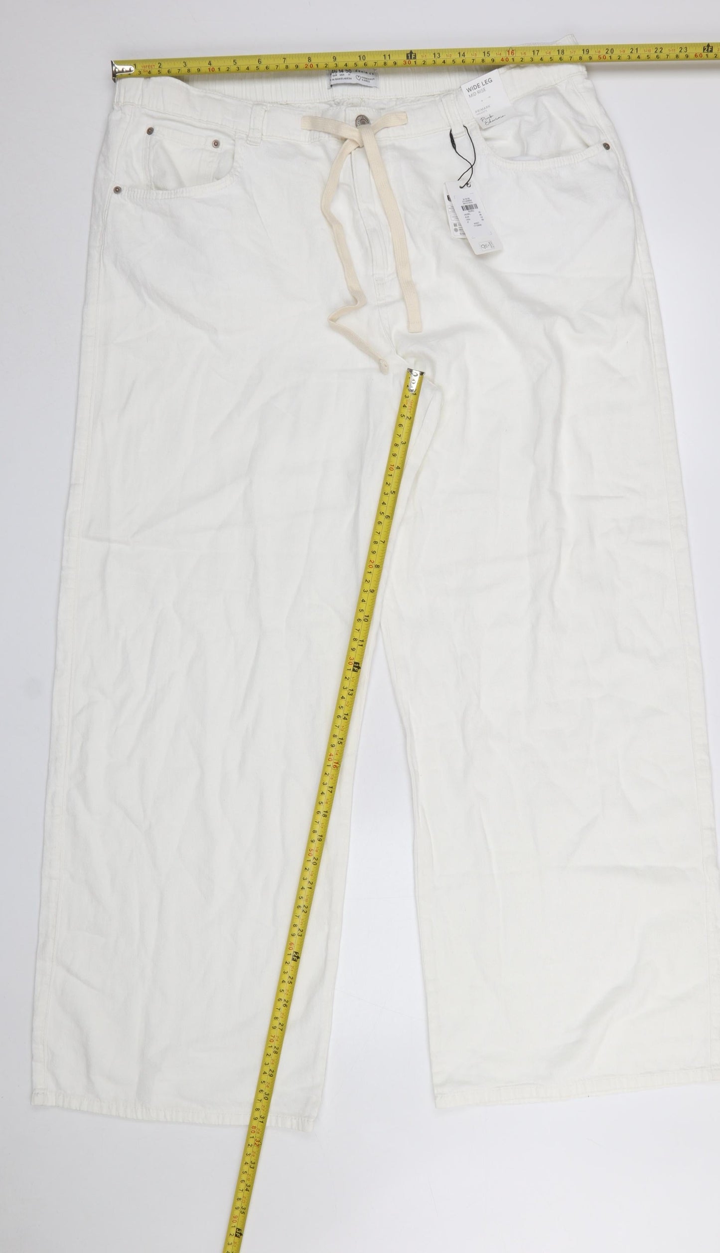 Primark Women Ivory Wide-Leg Trousers Size 18 Cotton Drawstring Casual