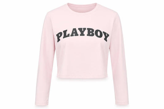 Front view of Missguided x Playboy Pink Cropped Long Sleeve Women's T-Shirt XL