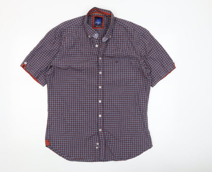 Benetti Men's Blue Checked Short Sleeve Button-Up Shirt L Slim Fit