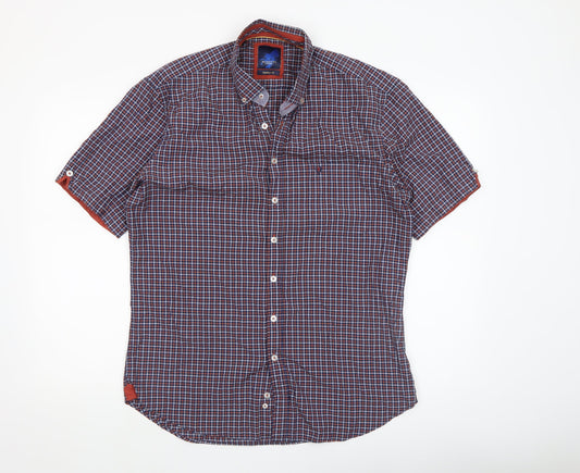 Benetti Men's Blue Checked Short Sleeve Button-Up Shirt L Slim Fit