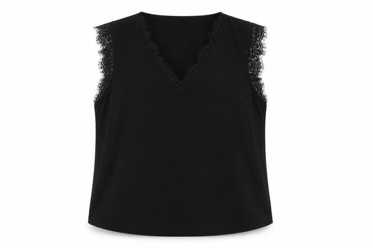 Front view of Gallery Women's Black Lace Trim Sleeveless V-Neck Blouse, size L