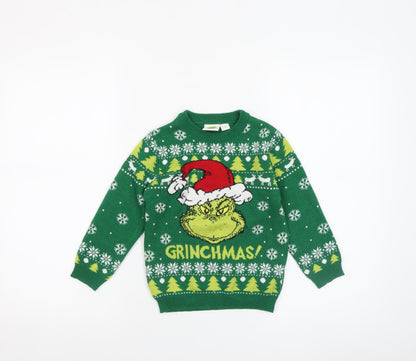 The Grinch Boys Green Christmas Jumper 3-4 Years Crew Neck Knit