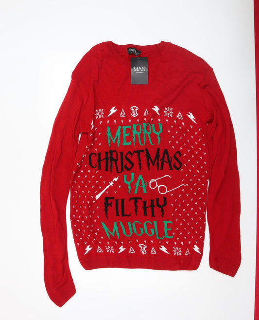 boohooMAN Men Red XXXL Christmas Graphic Knit Pullover Jumper
