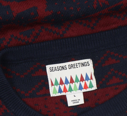 Mens UK Size L Seasons Greetings Red Pullover Jumper