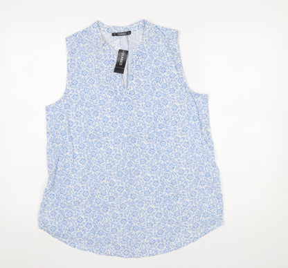 Dunnes Stores Women Blue Floral Sleeveless Cotton Linen Blouse Size 14