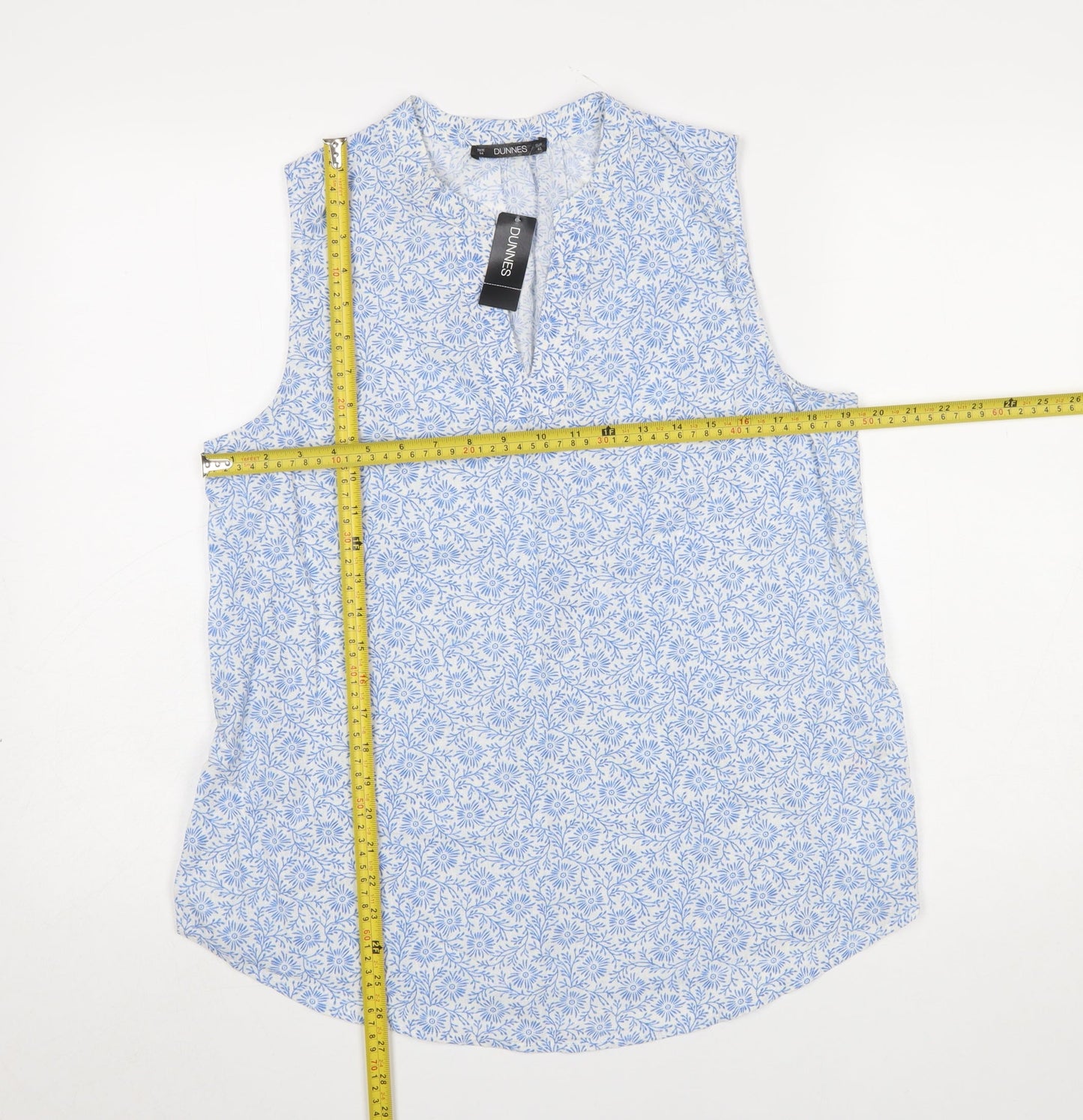 Dunnes Stores Women Blue Floral Sleeveless Cotton Linen Blouse Size 14