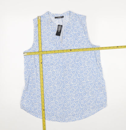 Dunnes Stores Women Blue Floral Sleeveless Cotton Linen Blouse Size 14