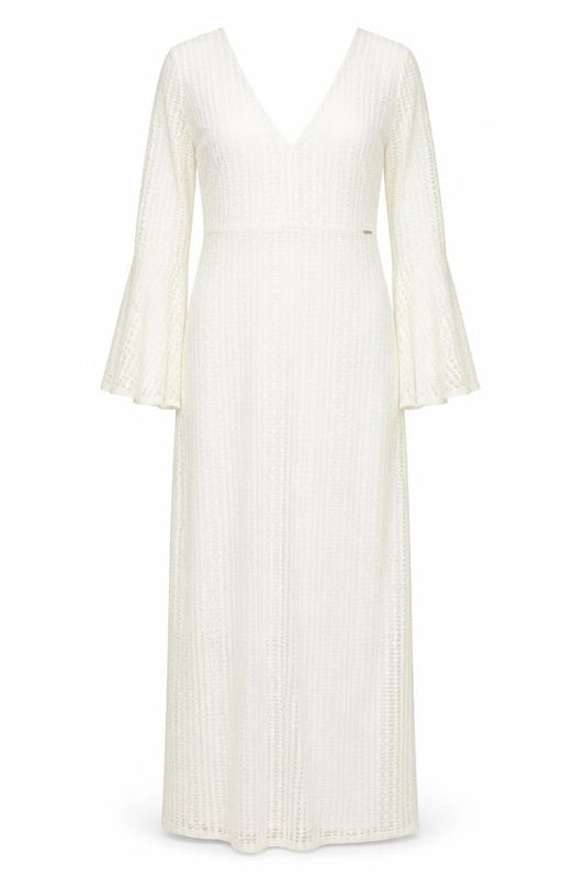 Front view of Guess Women White Lace Maxi Long Sleeve V-Neck Dress, size 12