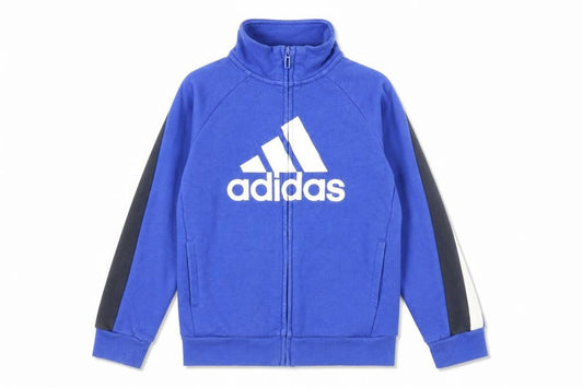 Front view of Adidas boys’ blue full zip sweatshirt 7-8 years logo sports top