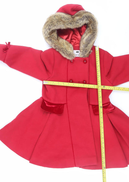 F&F Girls Red Faux Fur Trim Double-Breasted Hooded Pea Coat 6-7 Years