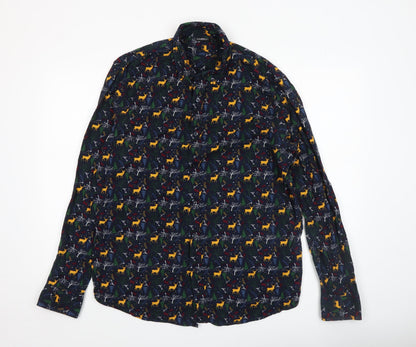 Livergy Men’s Blue Christmas Deer Cotton Long Sleeve Button-Up Shirt XL