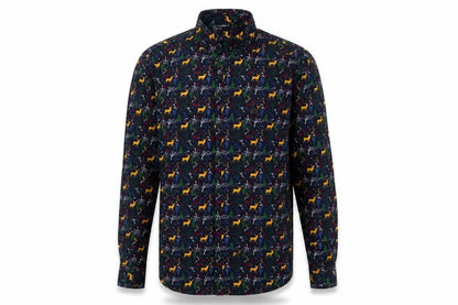 Livergy Men’s Blue Christmas Deer Cotton Long Sleeve Button-Up Shirt XL
