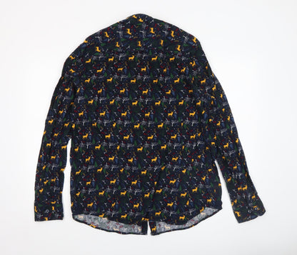 Livergy Men’s Blue Christmas Deer Cotton Long Sleeve Button-Up Shirt XL