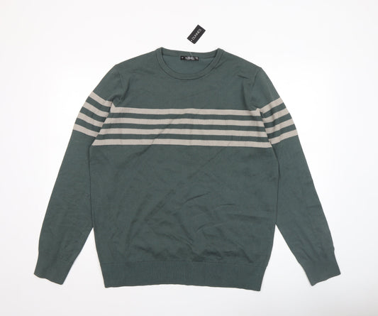 Dunnes Men’s Green Striped Crew Neck Cotton Pullover Jumper L