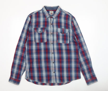 Next Men's Blue Red Checked Long Sleeve Cotton Shirt Size L