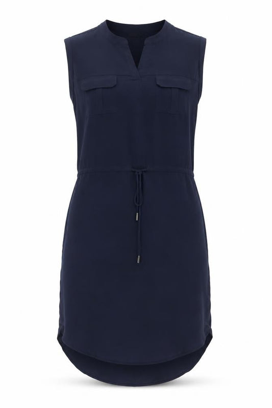 Front view of Only Women’s Blue Sleeveless Shirt Dress, size UK 10, Drawstring Waist