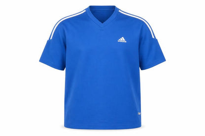 Front view of Adidas Men's Blue V-Neck Sports T-Shirt, size M, Short Sleeve