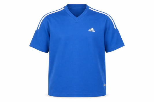 Front view of Adidas Men's Blue V-Neck Sports T-Shirt, size M, Short Sleeve