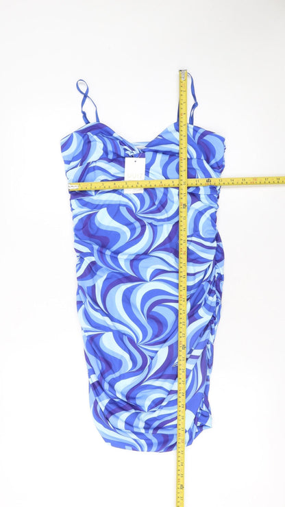 Quiz Women Blue Geometric Bodycon Ruched Midi Dress Size 12