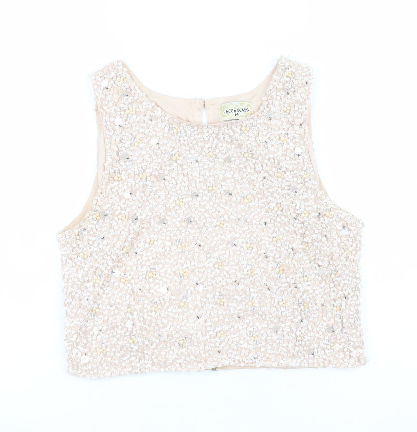 Womens UK Size 14 Lace & Beads Beige Cropped Tank