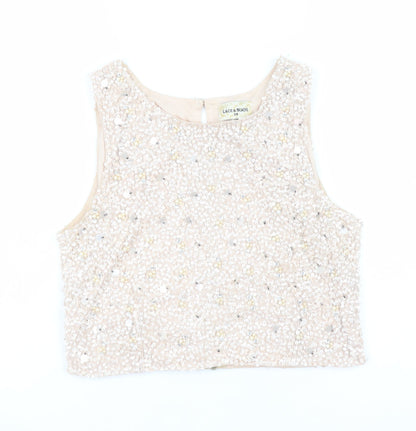 Womens UK Size 14 Lace & Beads Beige Cropped Tank