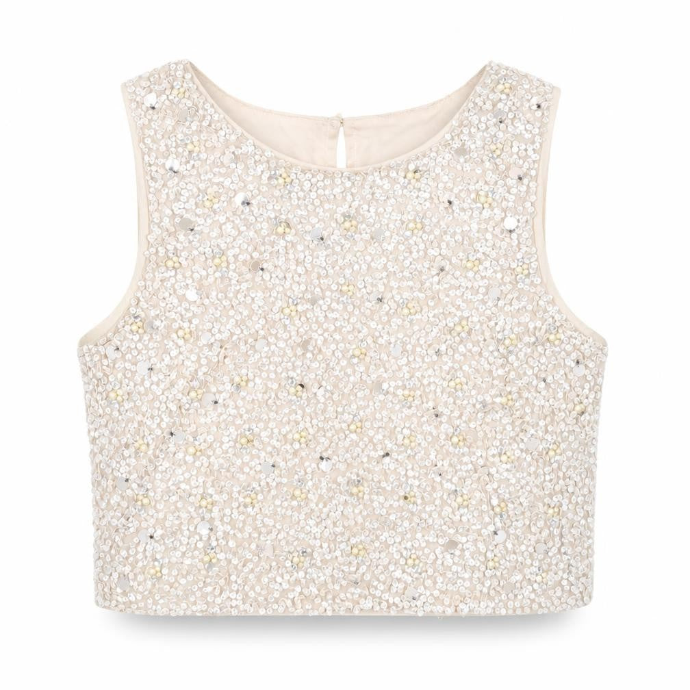 Womens UK Size 14 Lace & Beads Beige Cropped Tank