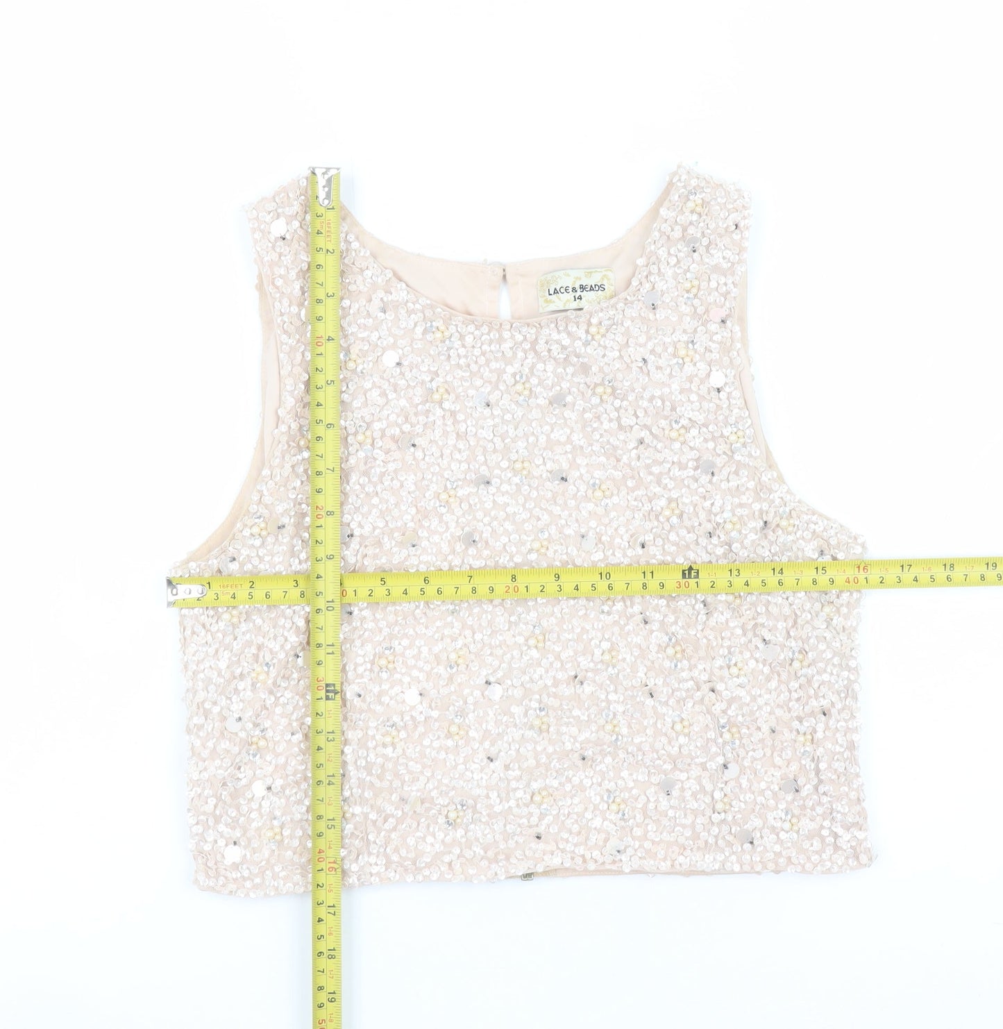 Womens UK Size 14 Lace & Beads Beige Cropped Tank