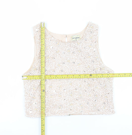 Womens UK Size 14 Lace & Beads Beige Cropped Tank