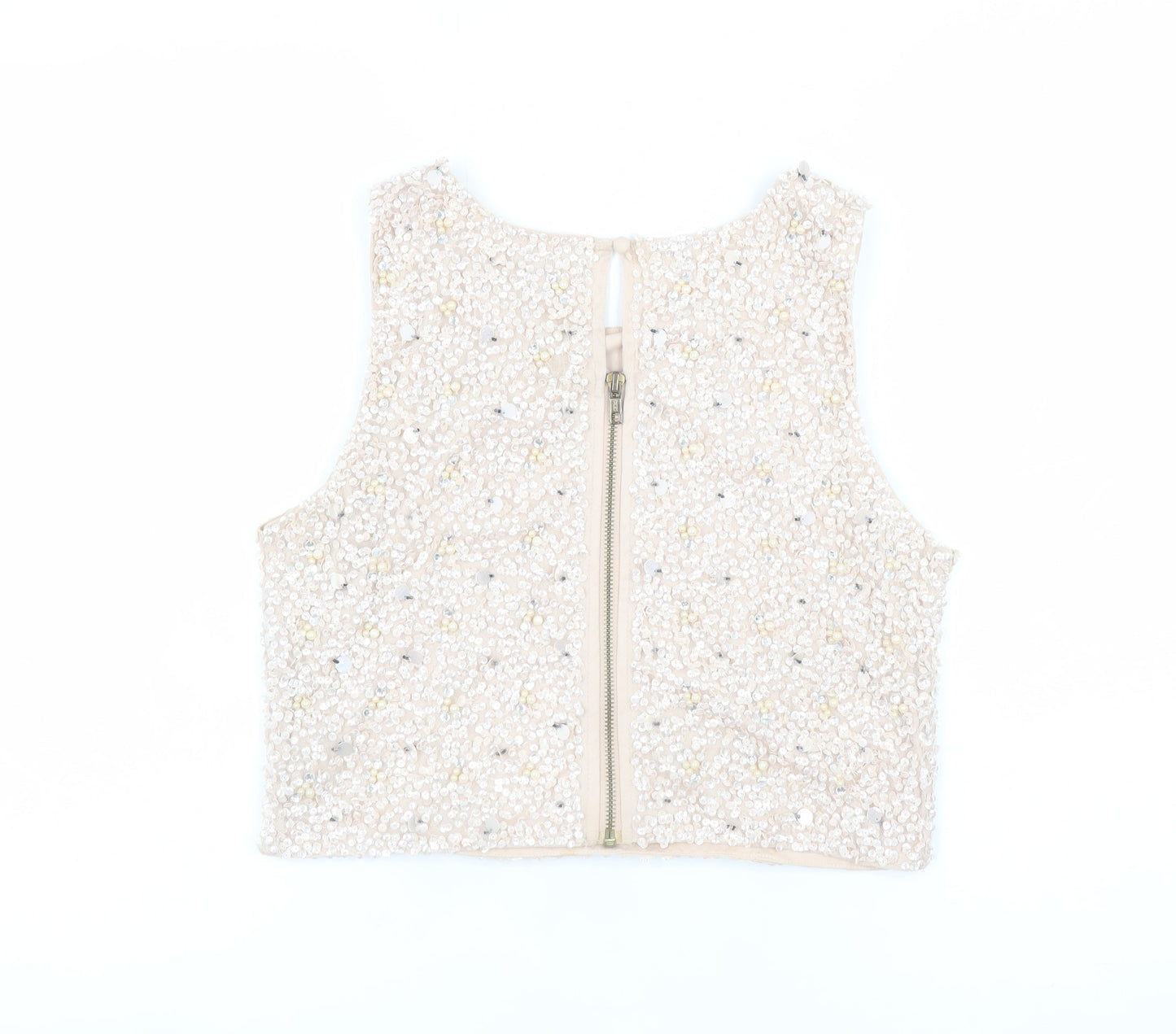 Womens UK Size 14 Lace & Beads Beige Cropped Tank