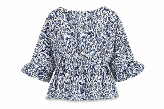 Front view of Gallery Women Blue Floral Tunic Blouse M 3/4 Sleeve