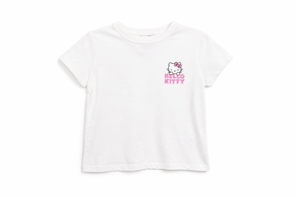 Front view of Hello Kitty girls’ white ribbed short sleeve t-shirt size small cotton blend