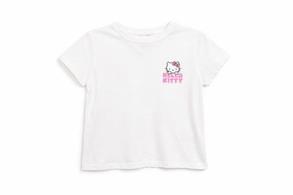 Front view of Hello Kitty girls’ white ribbed short sleeve t-shirt size small cotton blend