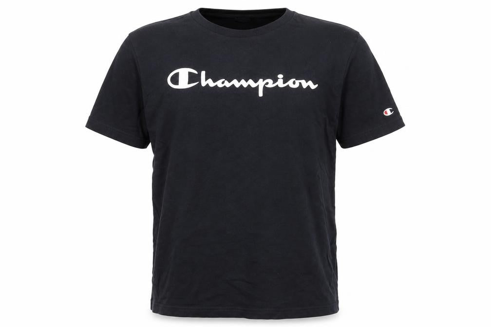 Front view of Champion Teens Black Large Crew Neck Short Sleeve Cotton Sports T-Shirt