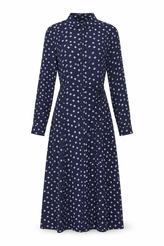 Front view of YAYA Women Blue Geometric Midi Shirt Dress, size 10, Long Sleeve