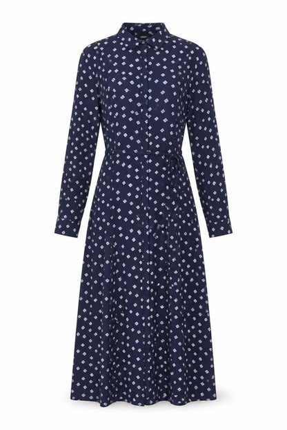 Front view of YAYA Women Blue Geometric Midi Shirt Dress, size 10, Long Sleeve