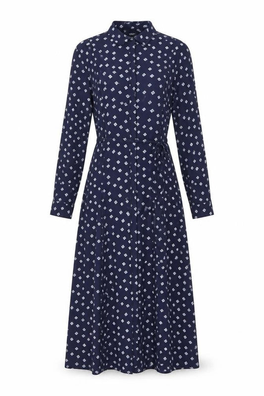 Front view of YAYA Women Blue Geometric Midi Shirt Dress, size 10, Long Sleeve