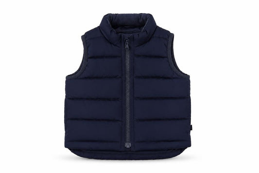 Front view of Baby Gap unisex blue puffer waistcoat 18-24 months water resistant