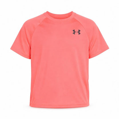 Front view of Under Armour boys’ pink short sleeve active t-shirt m moisture wicking