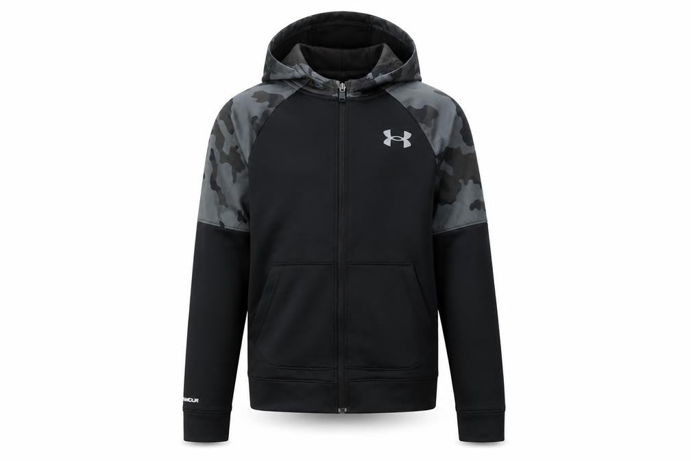 Front view of Under Armour boys’ black camouflage hooded full zip hoodie, size 10-11, years