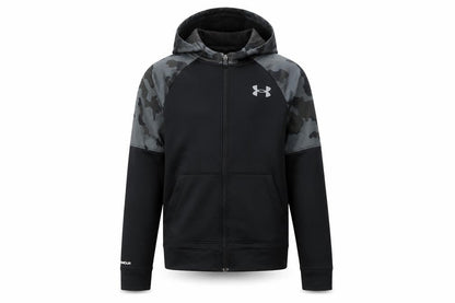 Front view of Under Armour boys’ black camouflage hooded full zip hoodie, size 10-11, years