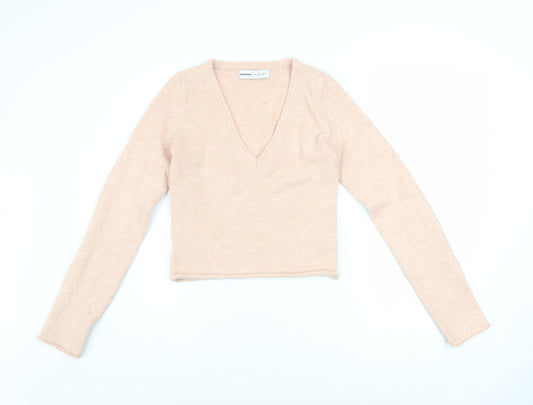 Bershka Womens Beige V-Neck Slim Fit Long Sleeve Pullover Jumper Size S