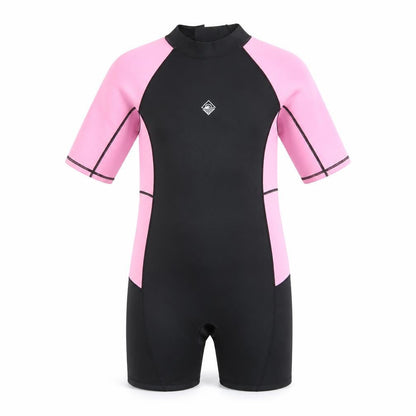 Front view of Primark girls’ pink & black short sleeve wetsuit 13-14 years stretch uv swimwear